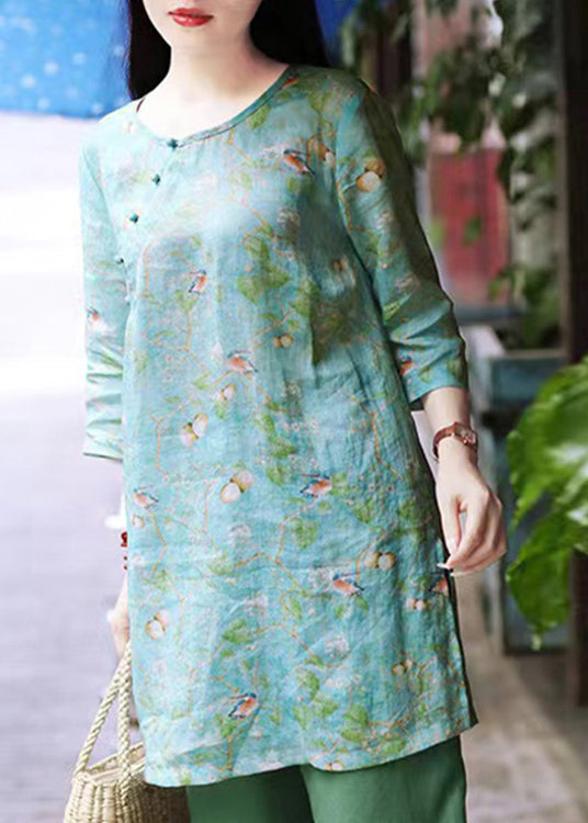 Green O Neck Print Linen Shirt Top Bracelet Sleeve