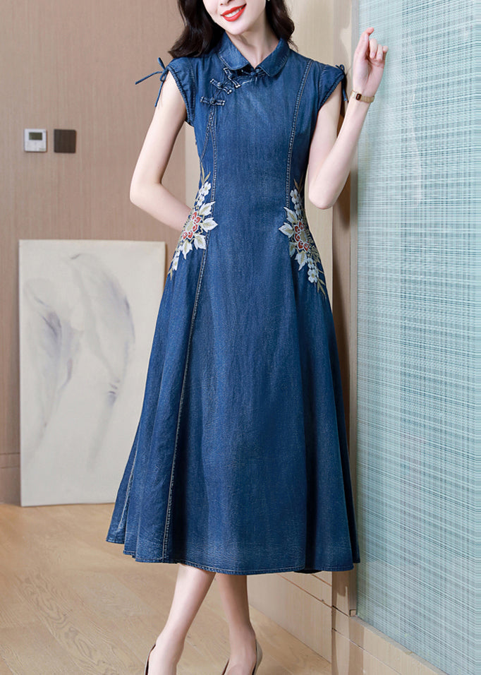 Blue Embroideried Pockets Patchwork Denim Dresses Summer
