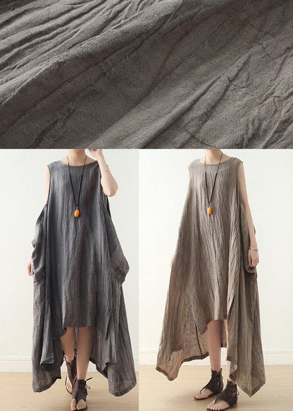 Khaki Asymmetrical Summer Sleeveless Linen Dress