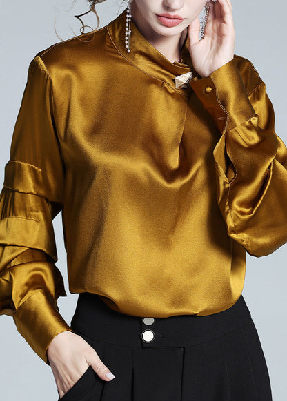 Yellow Stand Collar Silk Top Lantern Sleeve