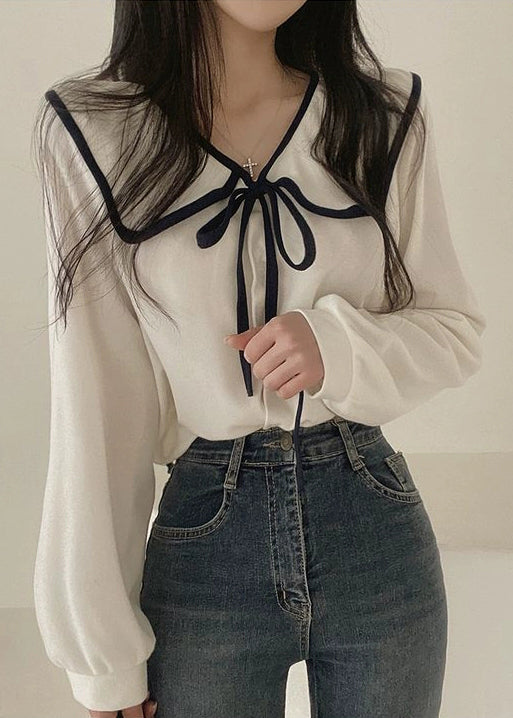 French White Peter Pan Collar Cotton Shirt Long Sleeve