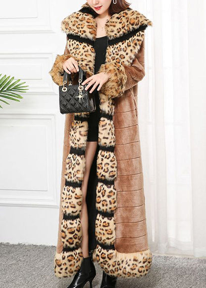 Khaki Fox Collar Patchwork Leopard Faux Fur Coat Winter