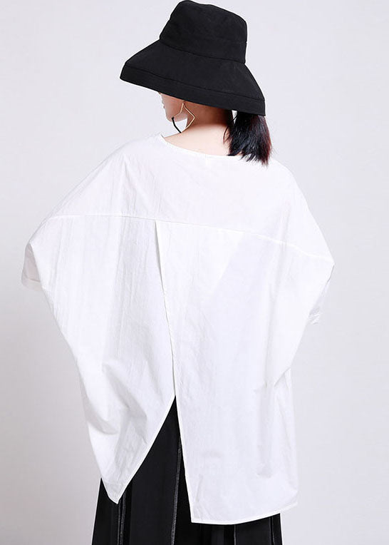Classy Black O-neck Oversized Side Open Cotton Blouses Batwing Sleeve