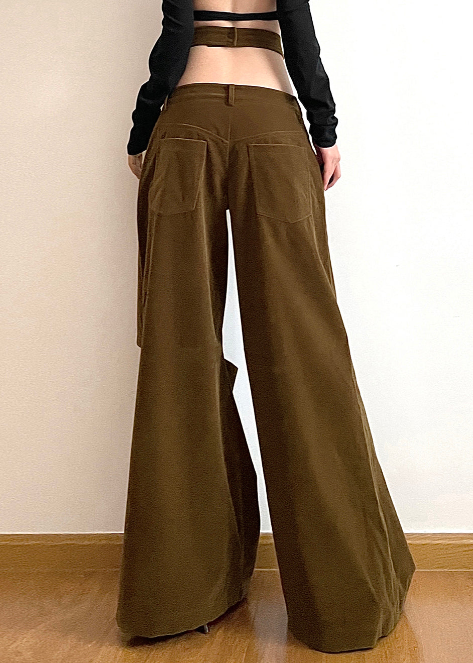 Brown Hollow Out Pockets Cotton Wide Leg Pants Fall
