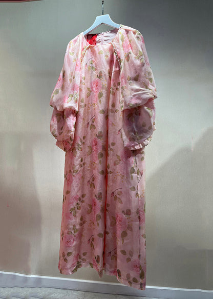 Pink Pearl Print Patchwork Tulle Dress Fall