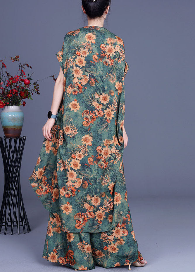 French Green Print Low High Design Fall Short Sleeve Two Piece Set
