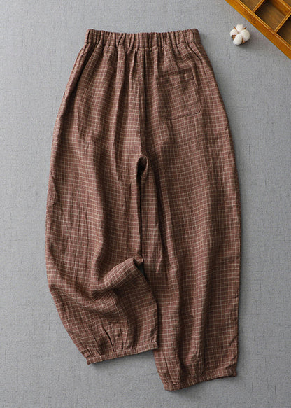 Plaid Pockets Elastic Waist Linen Crop Pants Summer