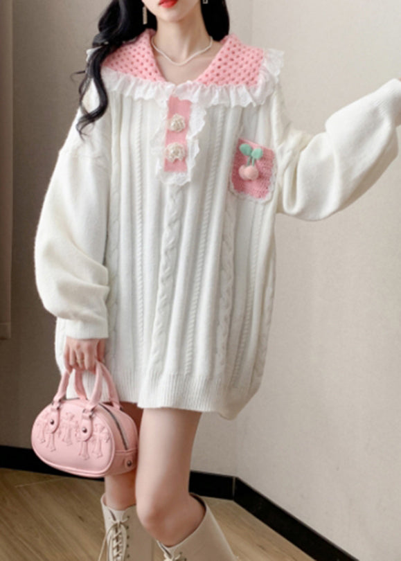 Beige Nail Bead Patchwork Cotton Knit Sweaters Long Sleeve