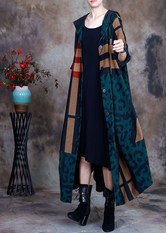 Green Hooded Plaid Leopard Patchwork Cotton Trench Coat Long Sleeve
