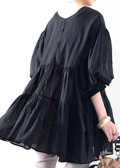 Black O Neck Wrinkled Patchwork Cotton Shirt Top Lantern Sleeve