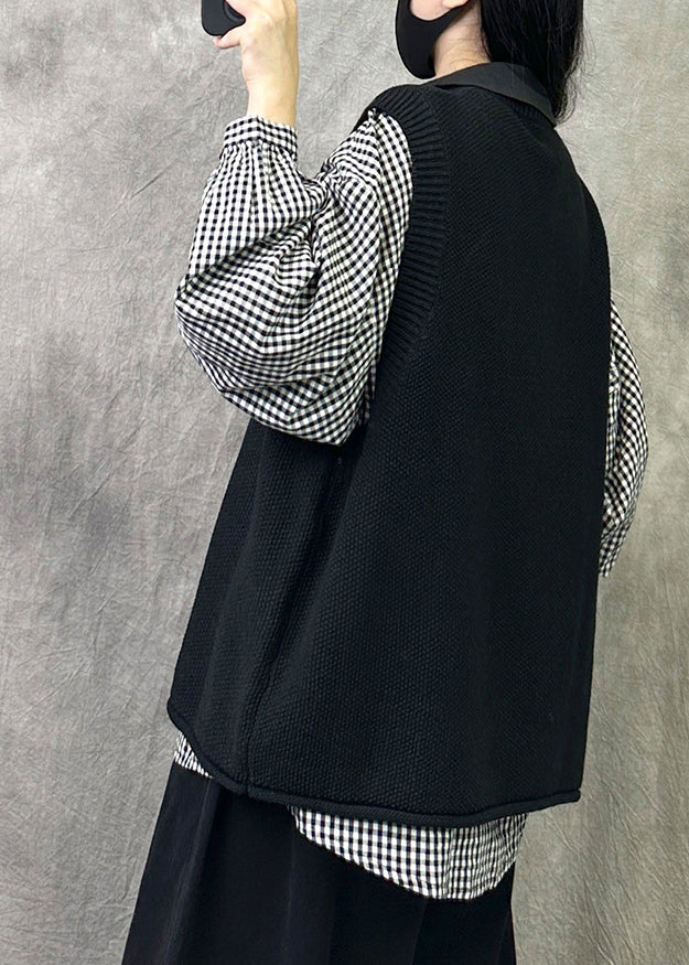 Cozy Black O Neck Knit Vest Tops Sleeveless