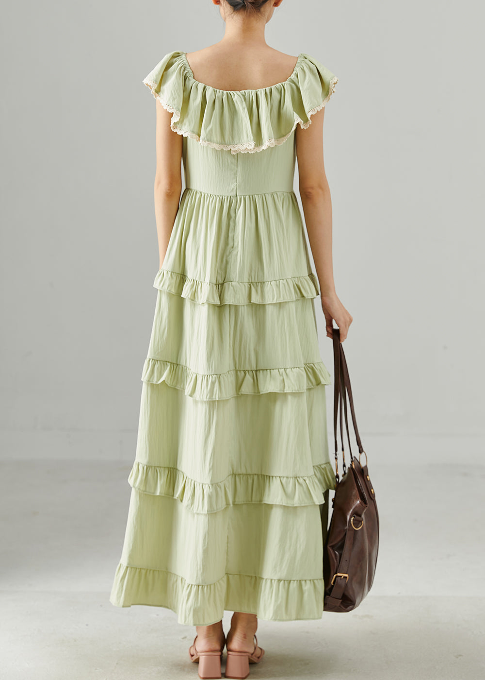 Green Ruffled Silm Fit Cotton Long Dress Summer
