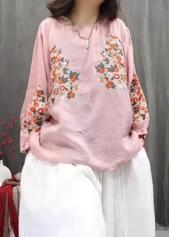 Blue O-neck Embroidered Tops Fall