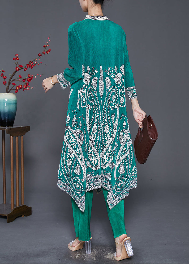 Diy Green Asymmetrical Print Silk Dress and Pant Two Pieces Set Fall