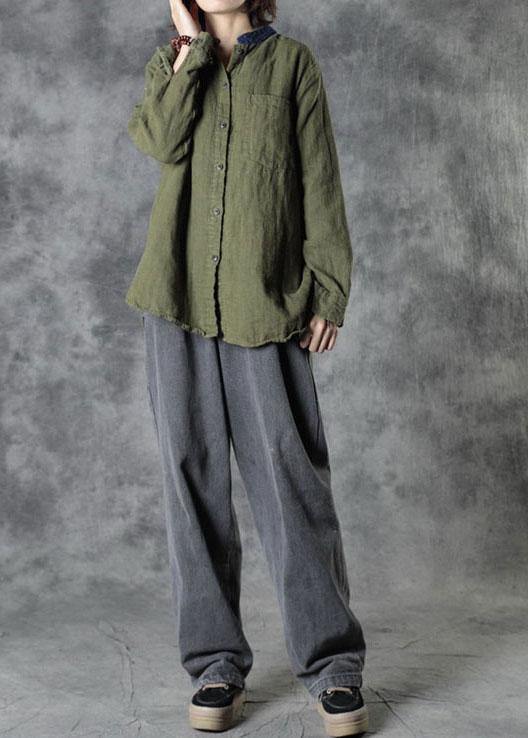 Organic Army Green Retro Pockets Fall Long Sleeve Top