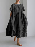 Comstylish Windchimes Japanese Sashiko Art Linen Blend Maxi Dress