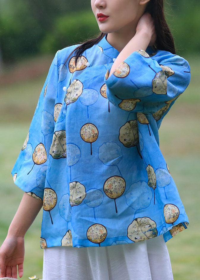 Diy Blue Stand Collar Print Linen Top Bracelet Sleeve