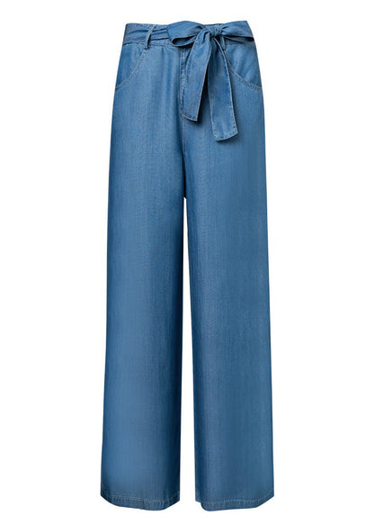 Light Blue Pockets Tie Waist Denim Silk Wide Leg Pants Fall