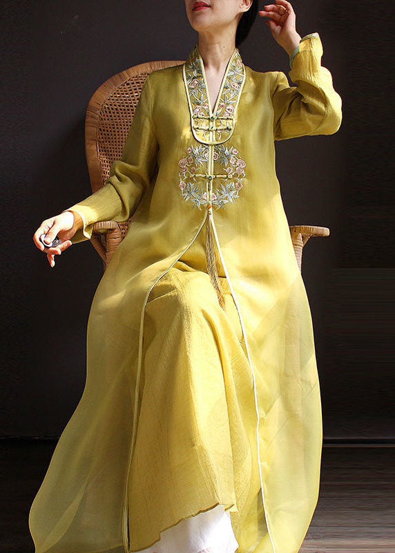 Yellow V Neck Embroideried Patchwork Silk Dress Spring