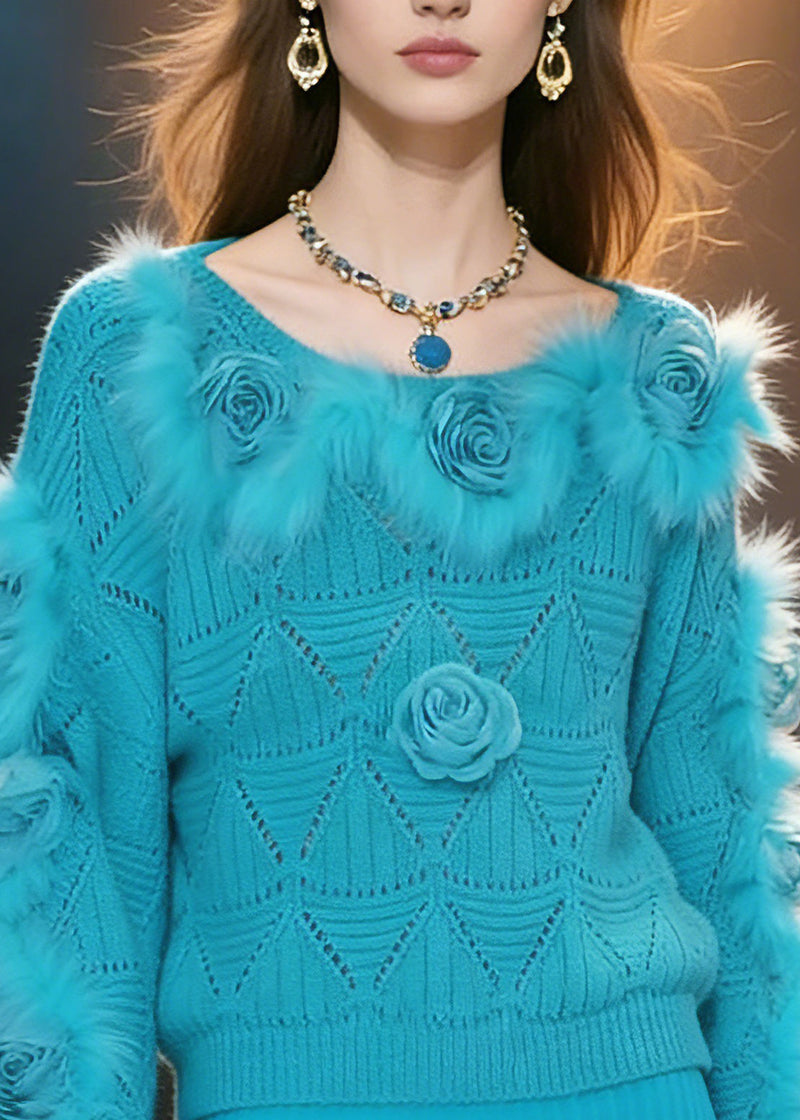 Classy Blue Fuzzy Fur Fluffy Cotton Knit Sweaters Spring