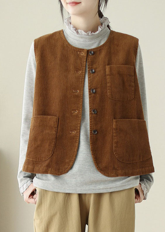 Caramel O Neck Pockets Corduroy Vest Sleeveless
