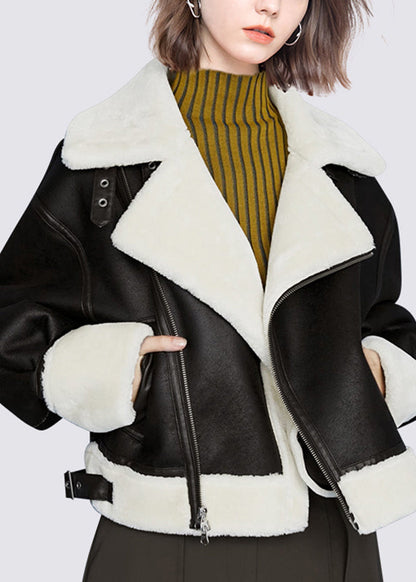 Black Peter Pan Collar Pockets Warm Fleece Pu Coats Winter