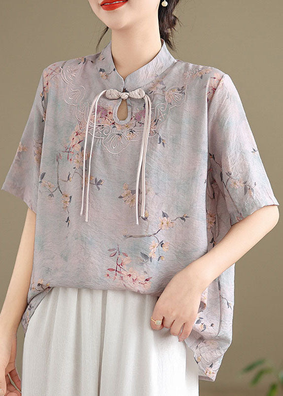 Light Purple Tasseled Print Cotton Top Short Sleeve