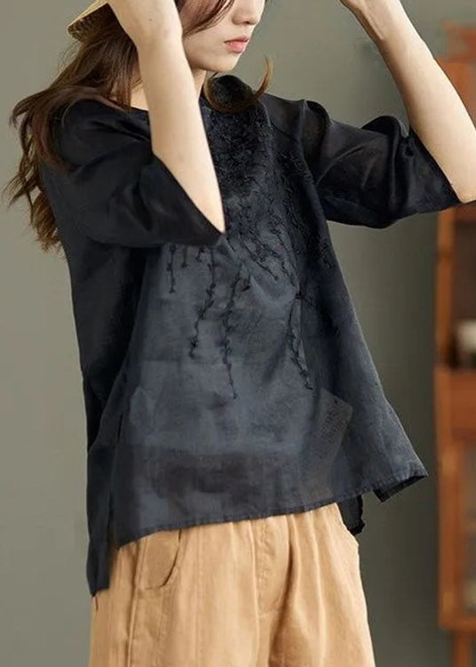 Black O Neck Embroideried Patchwork Linen T Shirt Summer
