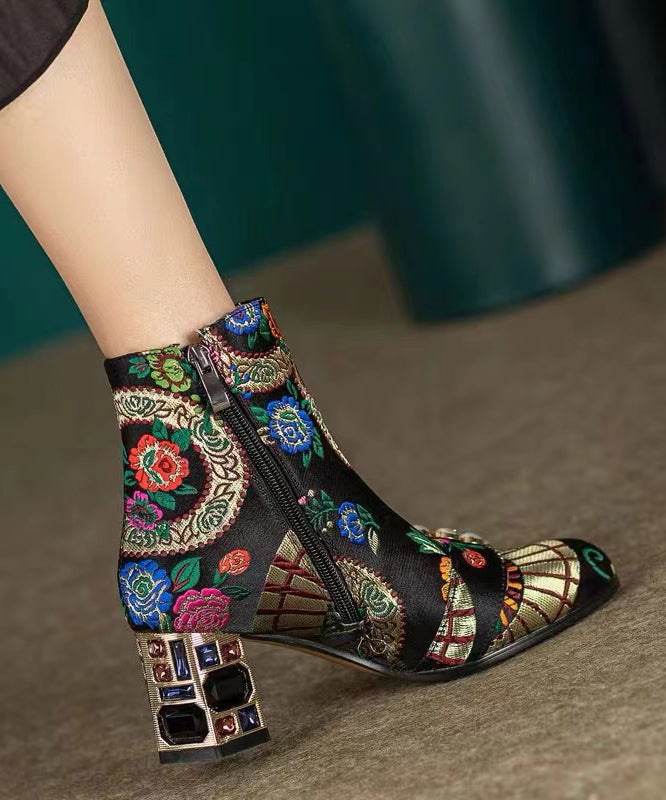 Yellow Embroidery Nail Bead Zircon Chunky Heel Boots