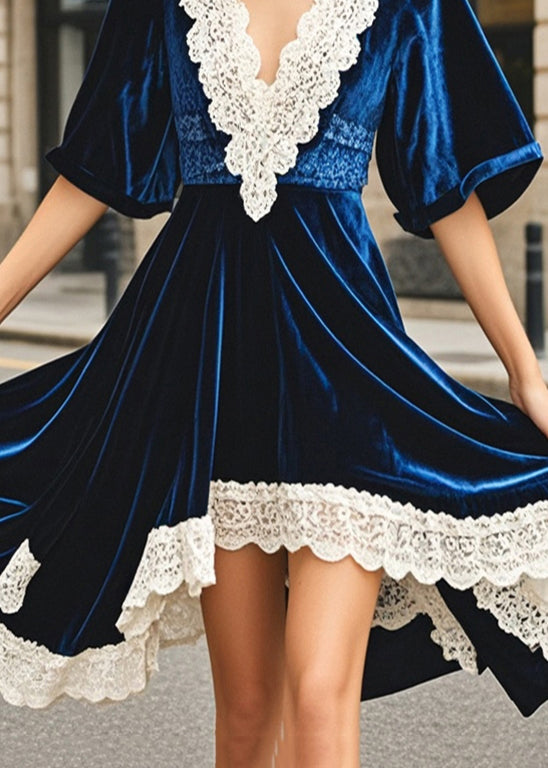 Navy Asymmetrical Patchwork Silk Velour Dresses Summer