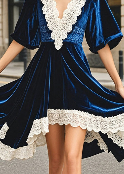 Navy Asymmetrical Patchwork Silk Velour Dresses Summer