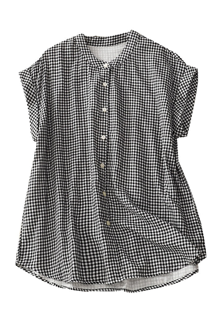 Stand Collar Plaid Button Cotton Shirts Summer