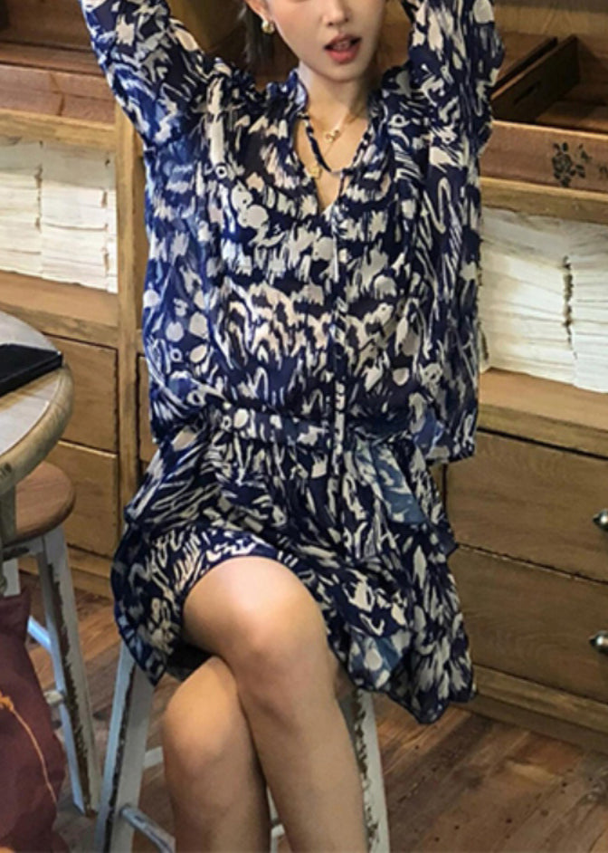 Stylish Blue Print Shirts and Skirts Cotton Two Pieces Set Summer