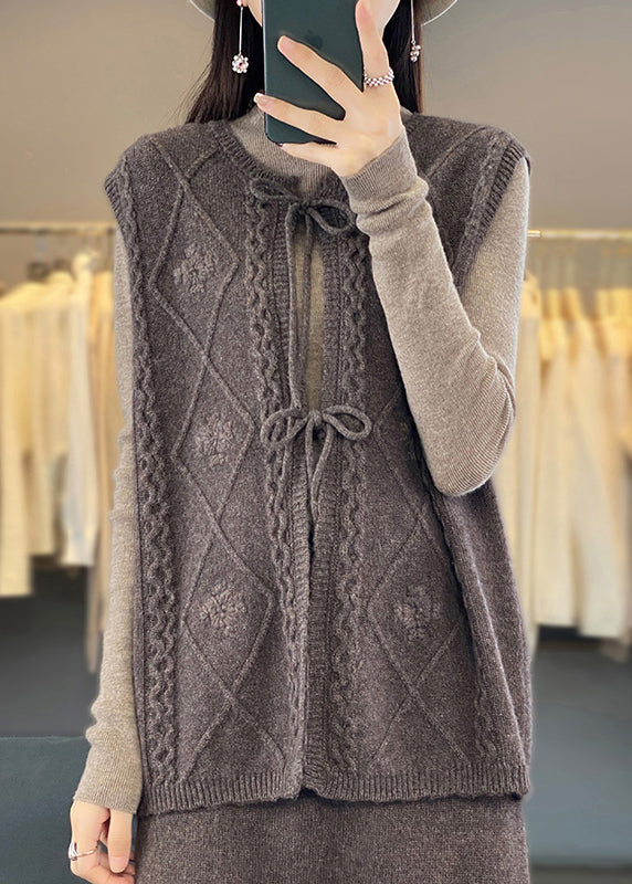 Coffee O Neck Lace Up Woolen Knit Waistcoat Sleeveless