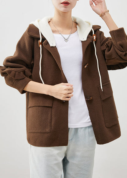 Chocolate Ruffled Patchwork Woolen Coat Spring