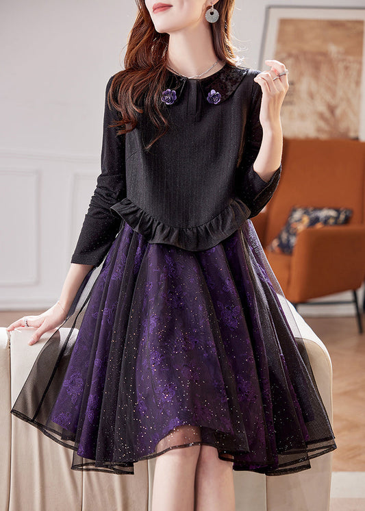Style Purple Ruffled Jacquard Patchwork Tulle Vest Dresses Spring