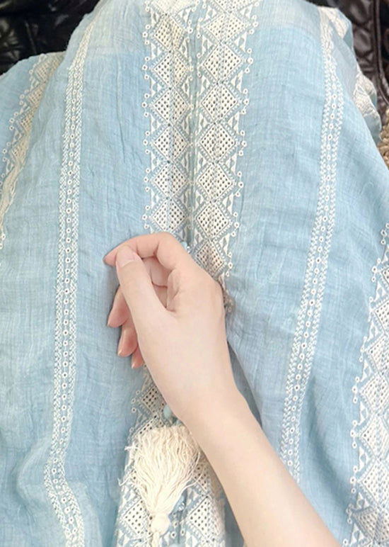 Blue Embroideried Patchwork Cotton Vacation Dresses Summer