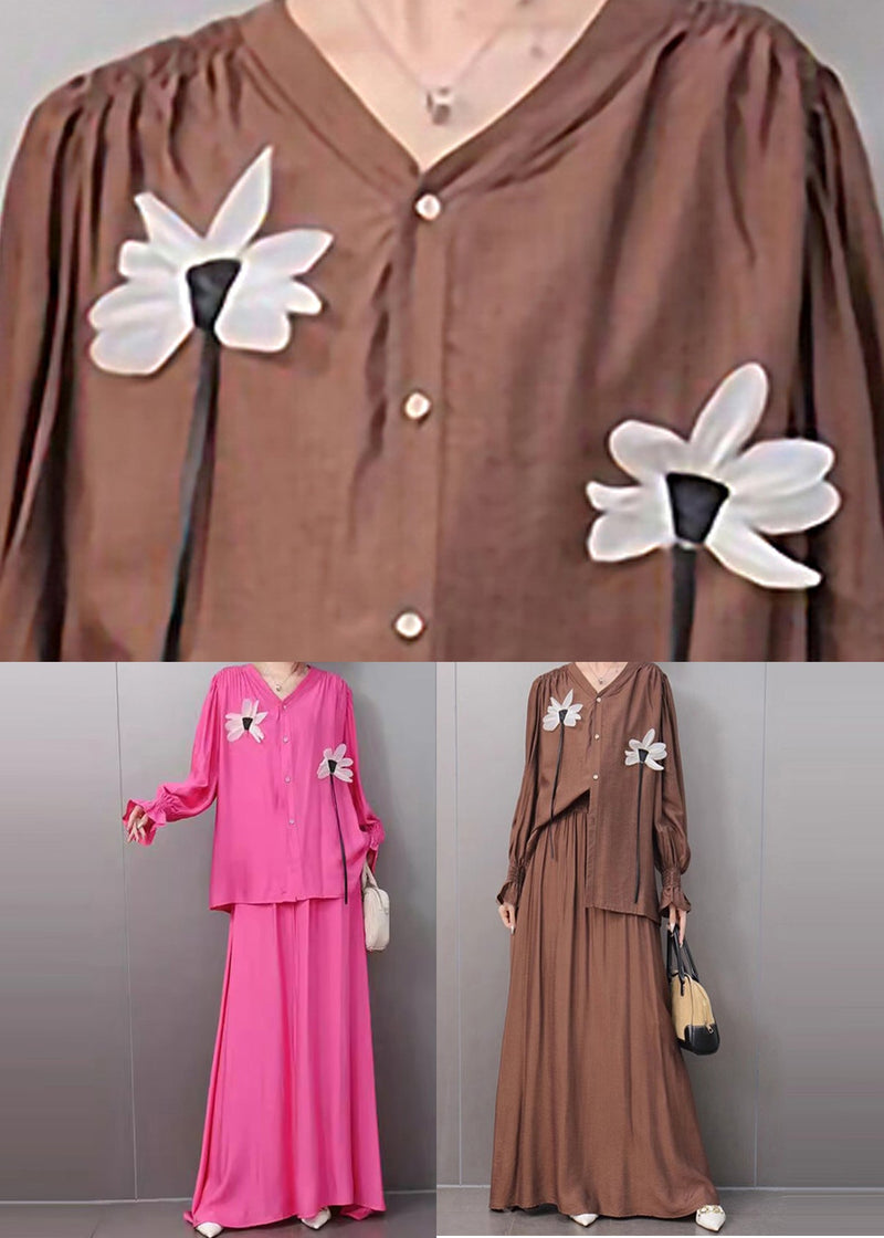 Rose Button Shirts and Maxi Skirts Two Piece Set Flare Sleeve