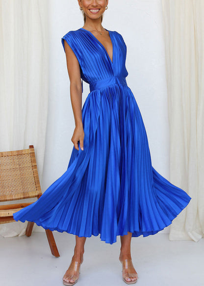 Loose Blue V Neck Wrinkled Cotton Dresses Summer