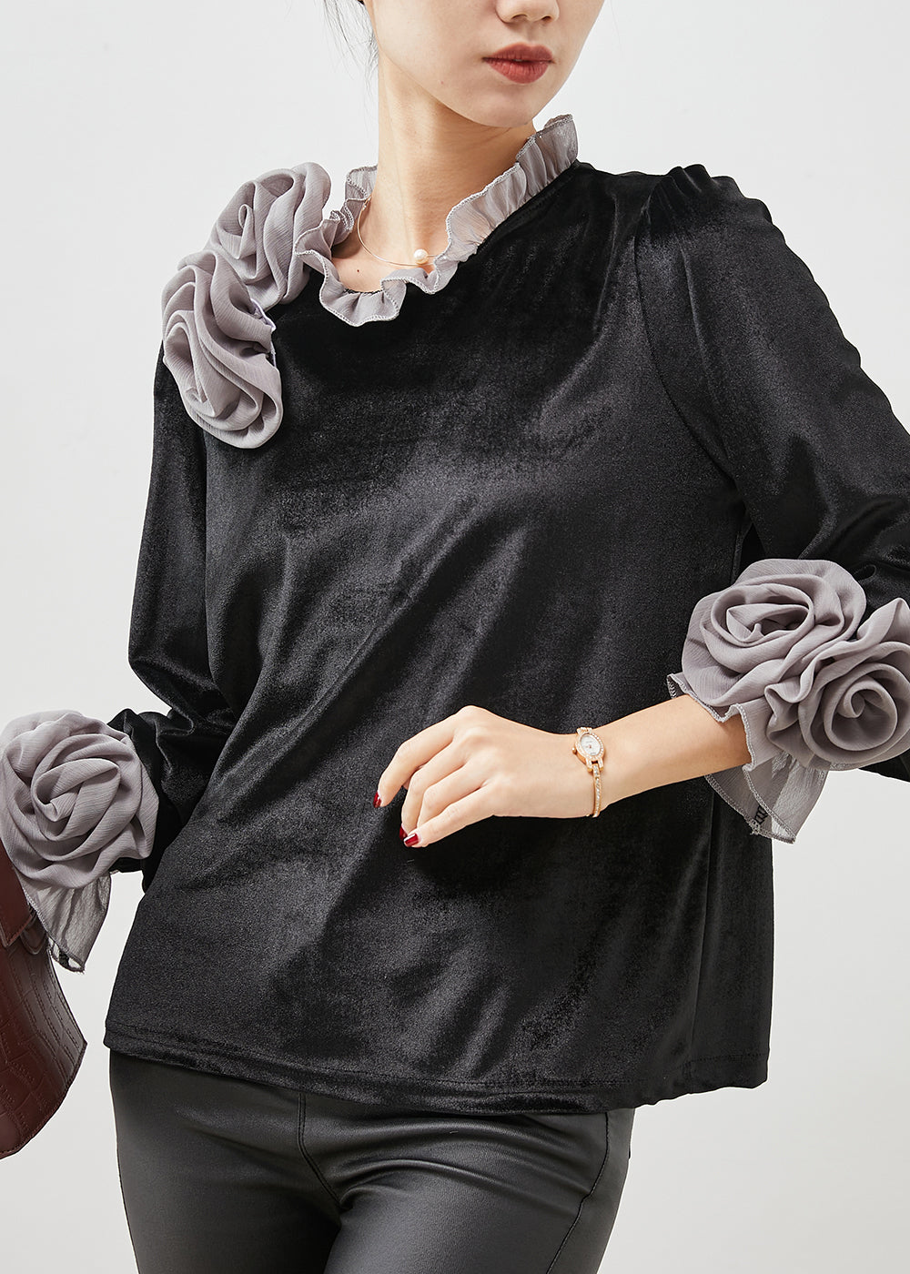 Grey Silk Velour Shirt Top Ruffled Spring