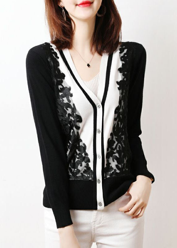 Black V Neck Tulle Patchwork Knit Tops Long Sleeve