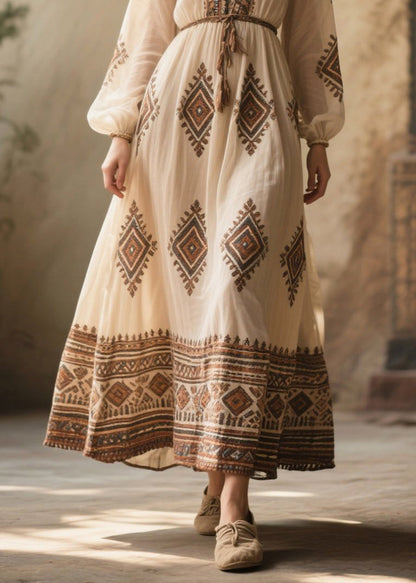 White V Neck Print Chiffon Dresses Fall