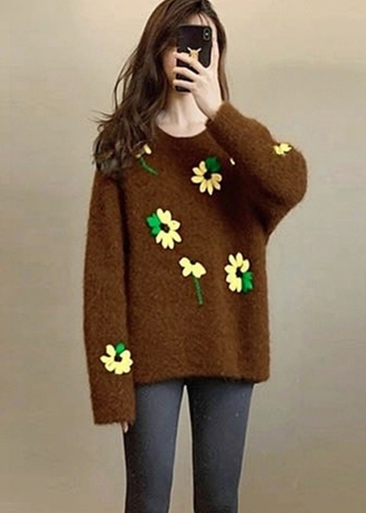 Unique Brown Oversized Lace Knit Sweater Tops Spring