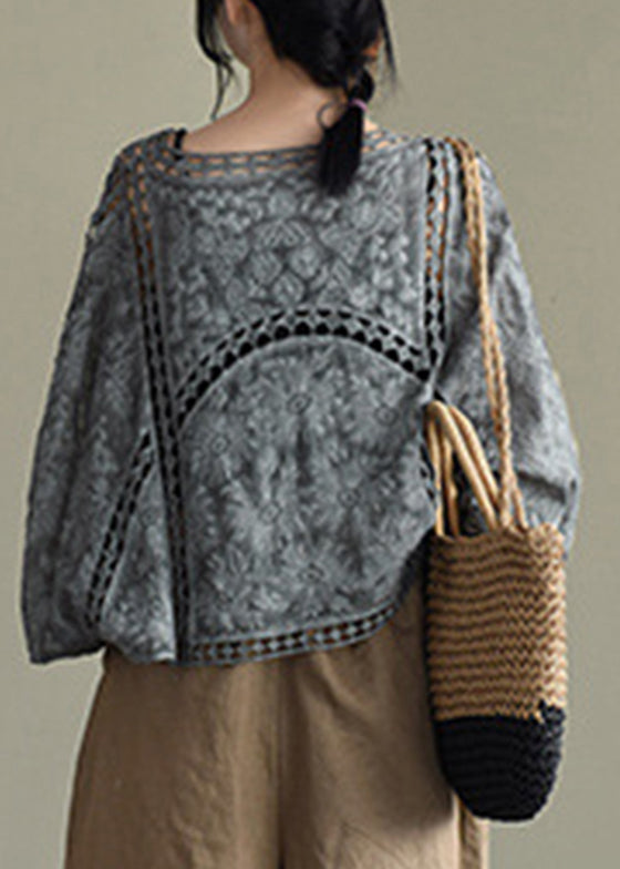 Grey Black Hollow Out Embroideried Cardigans Batwing Sleeve