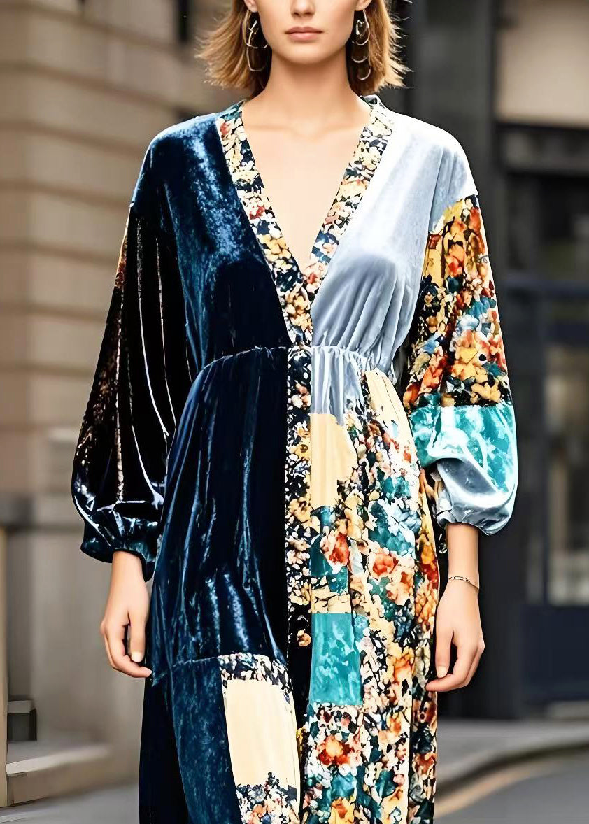 Peacock Blue V Neck Patchwork Print Silk Velour Ankle Dress Fall