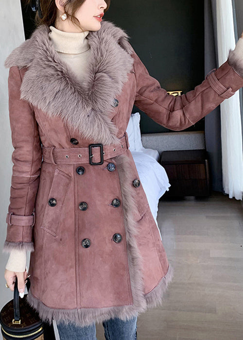 Classy Pink Fur Collar Tie Waist Leather and Fur Coats Winter