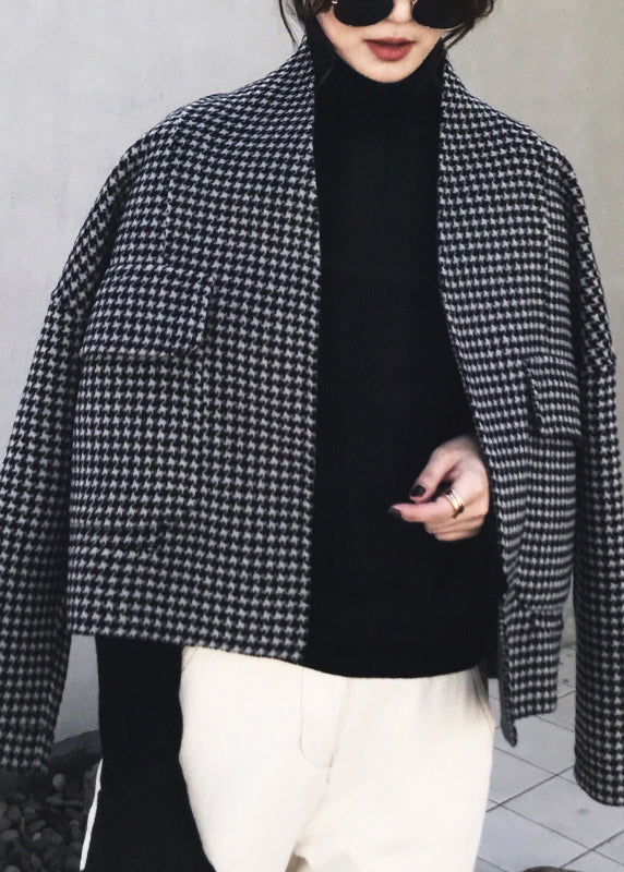 Vogue Black Notched Plaid Pockets Cashmere Coat Long Sleeve Fall