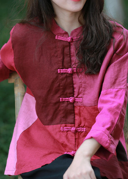 Mulberry Stand Collar Patchwork Oriental Button Linen Shirt Top Spring