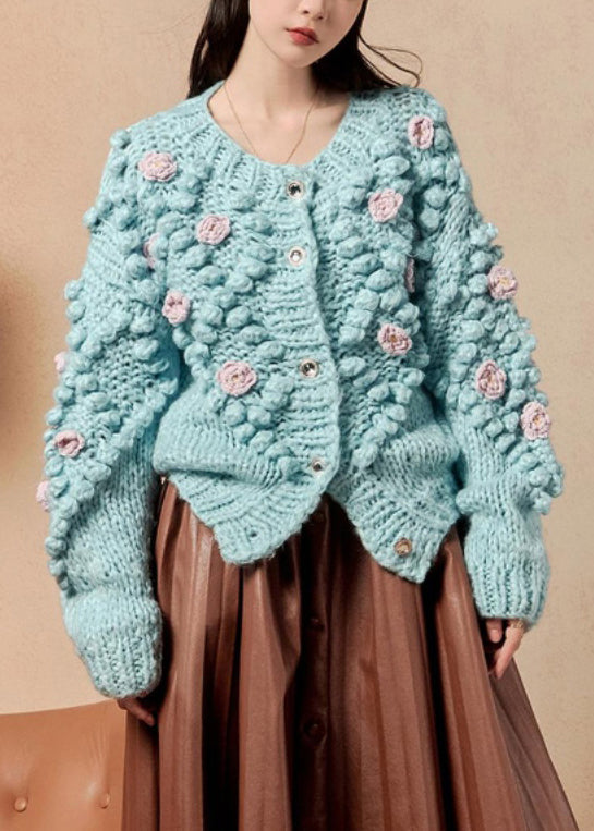 Blue O Neck Button Knit Cardigan Winter
