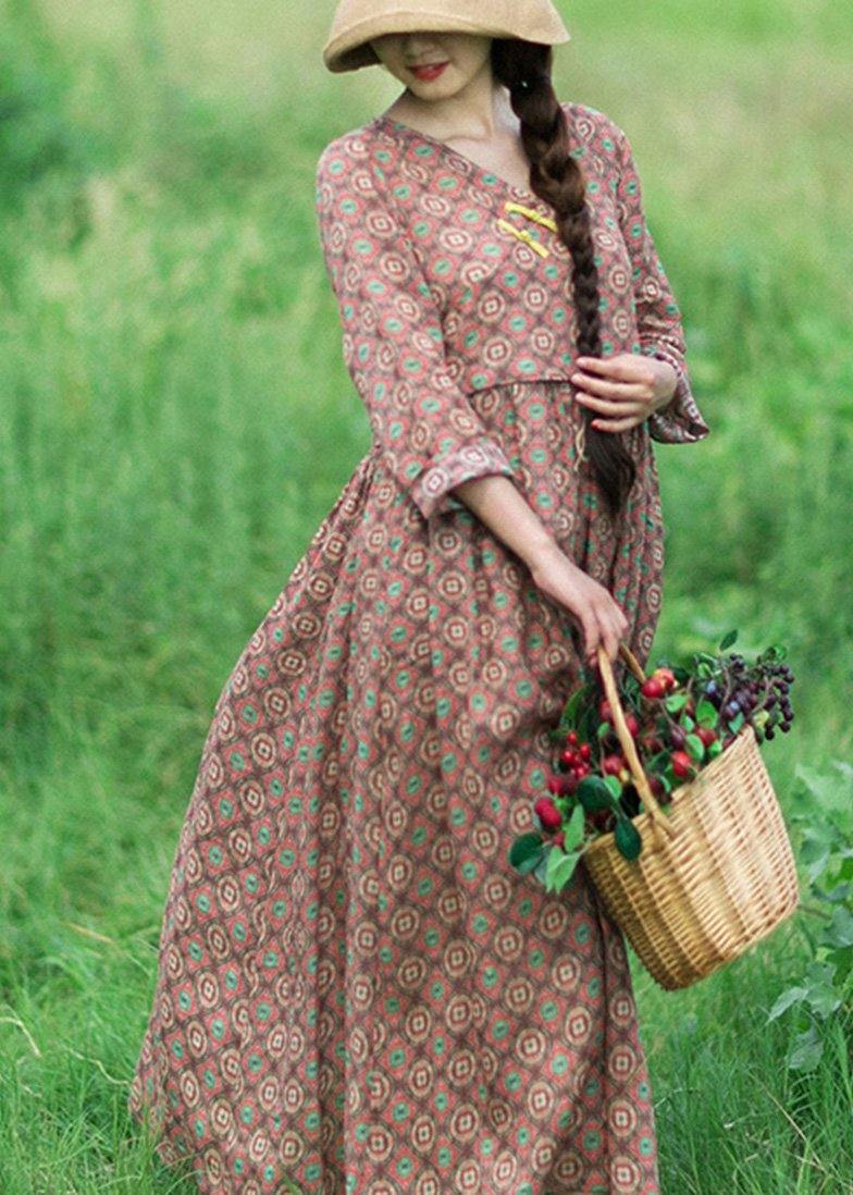 Natural V Neck Pockets Summer for Shirts Chocolate Print Robe Dress